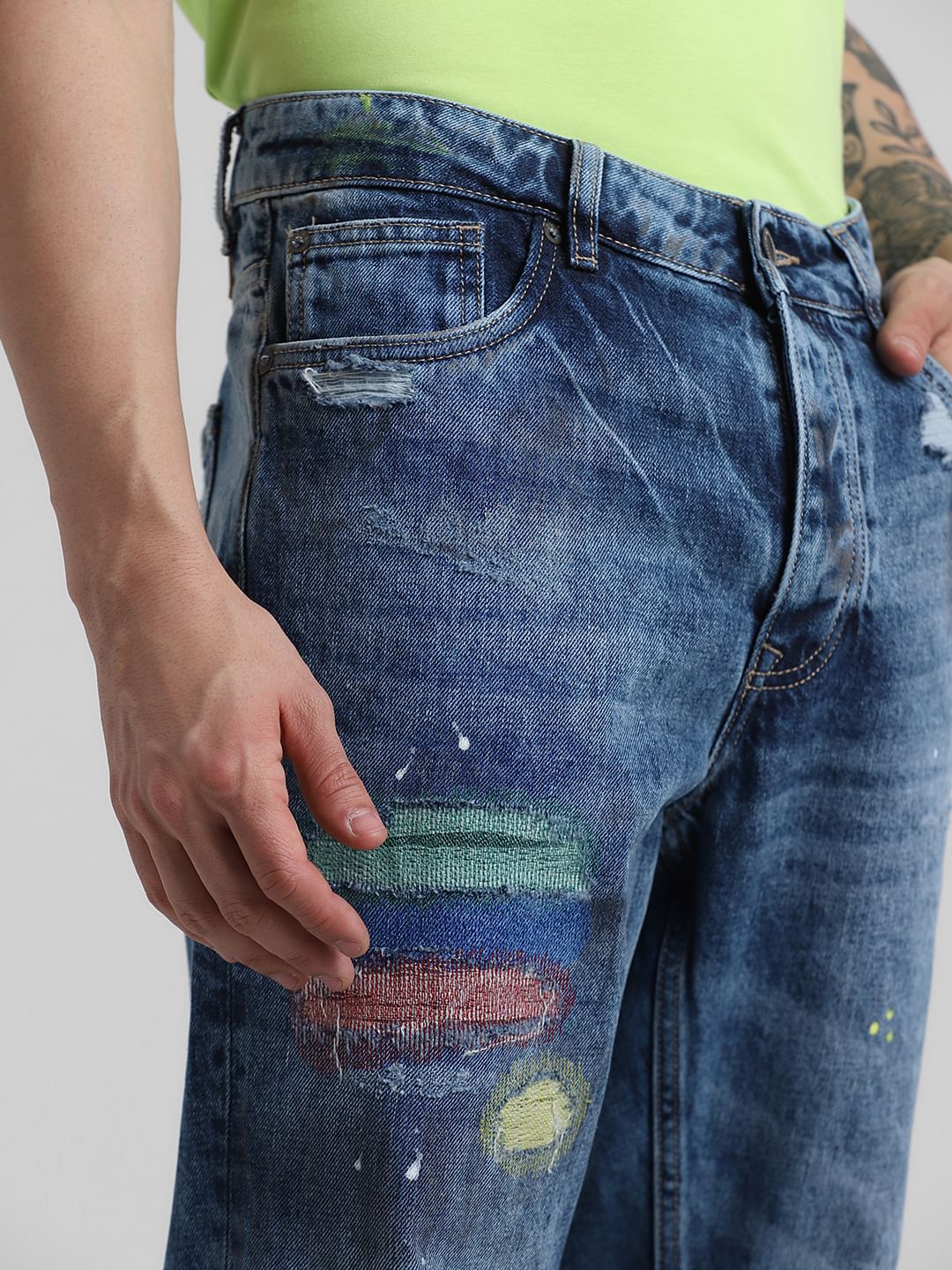 Blue Mid Rise Printed Erik Anti Fit Jeans - Image 5