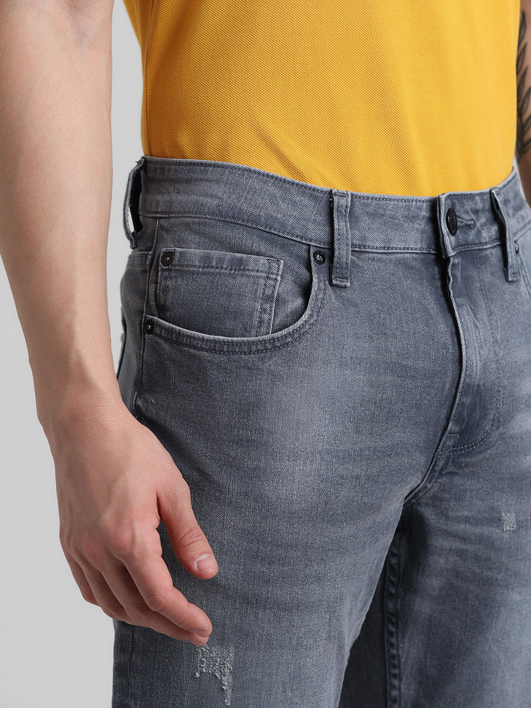 Grey Mid Rise Distressed Slim Jeans - Image 4