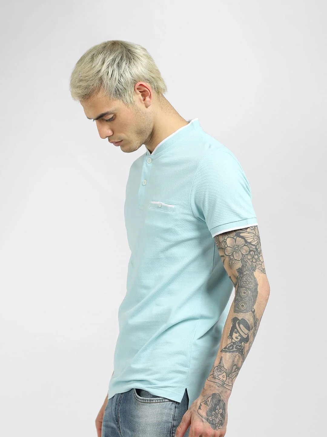 Blue Henley Neck T-shirt - Image 3