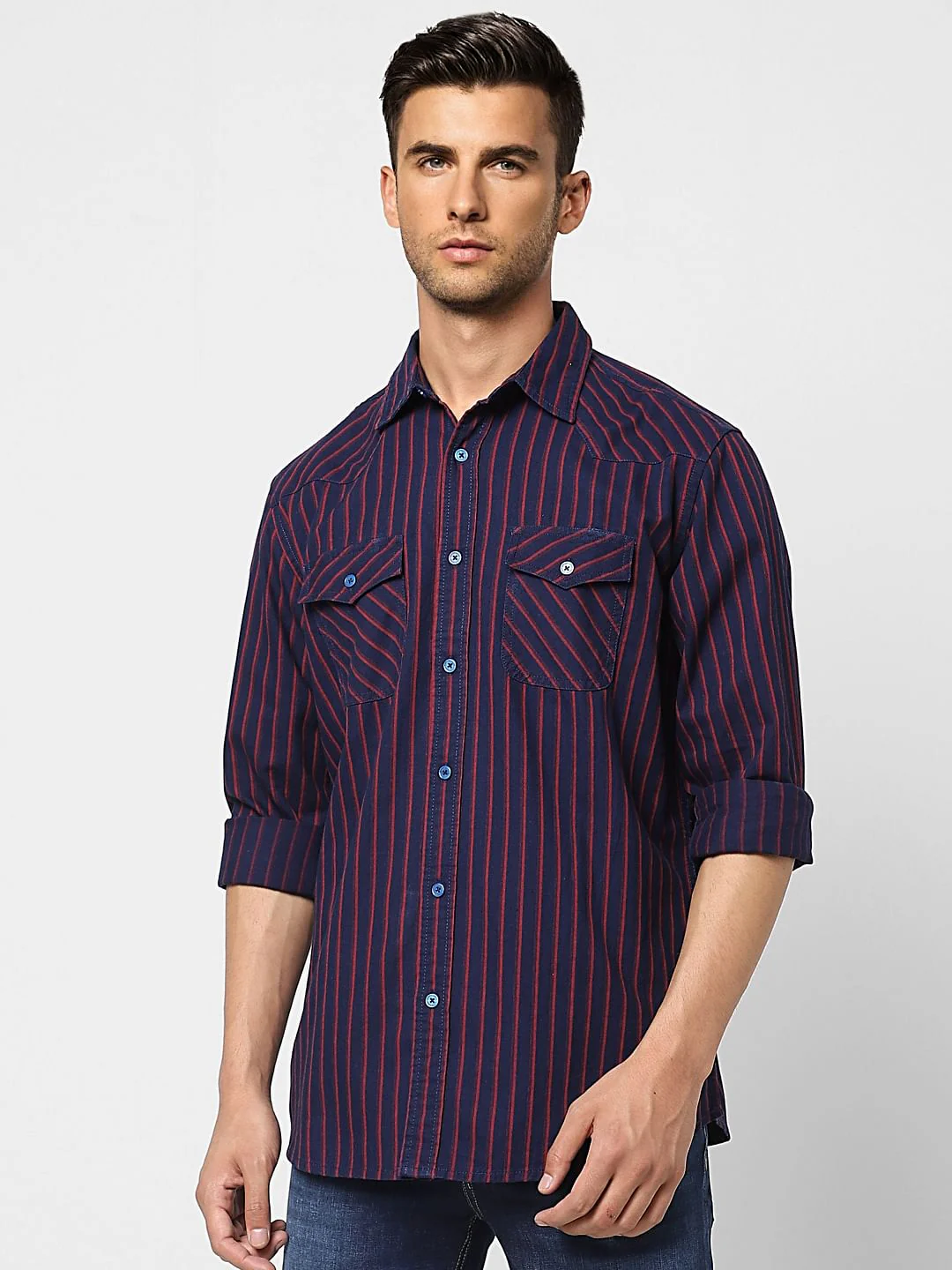 Dark Blue Striped Full Sleeves Shirt - Image 2