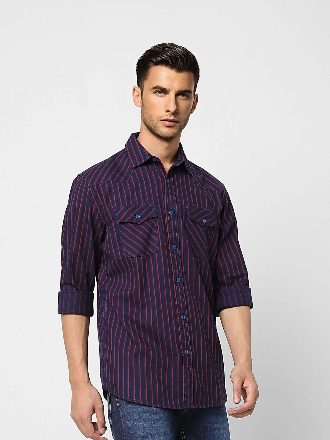 Dark Blue Striped Full Sleeves Shirt - Image 3