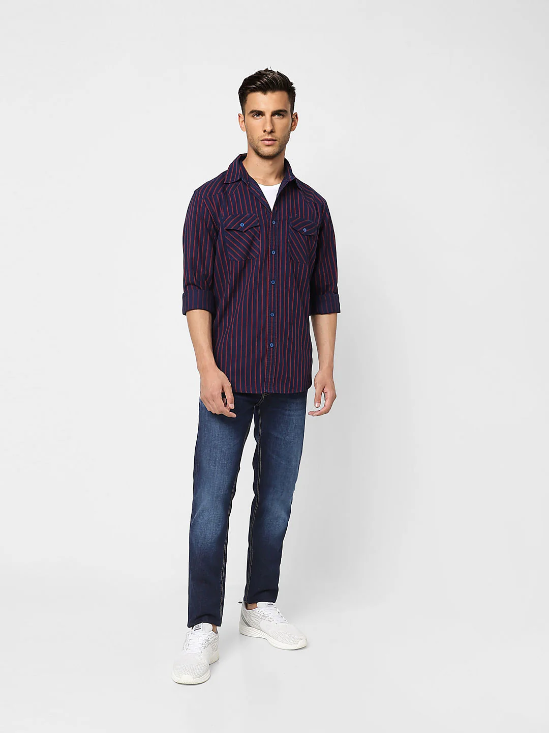 Dark Blue Striped Full Sleeves Shirt - Image 6