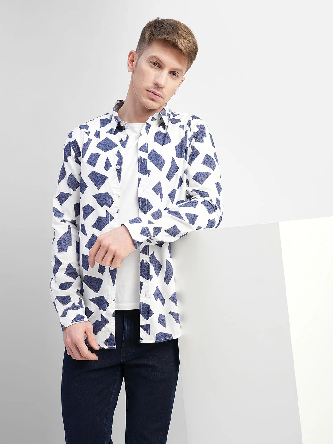 White Abstract Print Full Sleeves Shirt