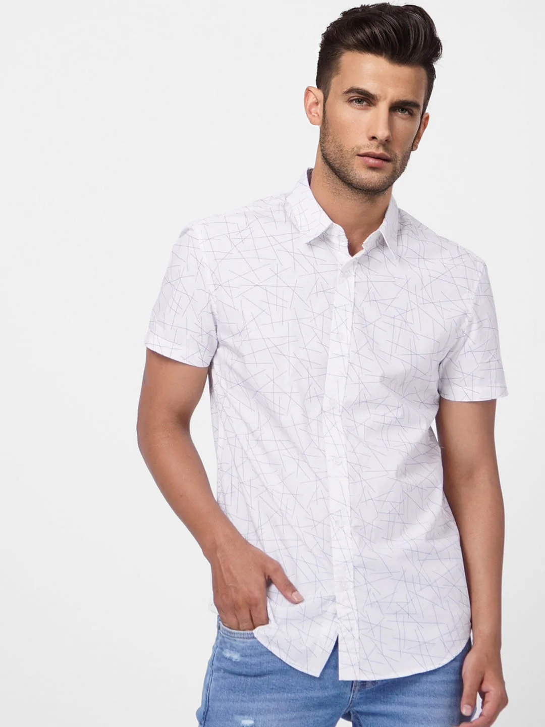 White Abstract Print Short Sleeves Shirt - Image 2