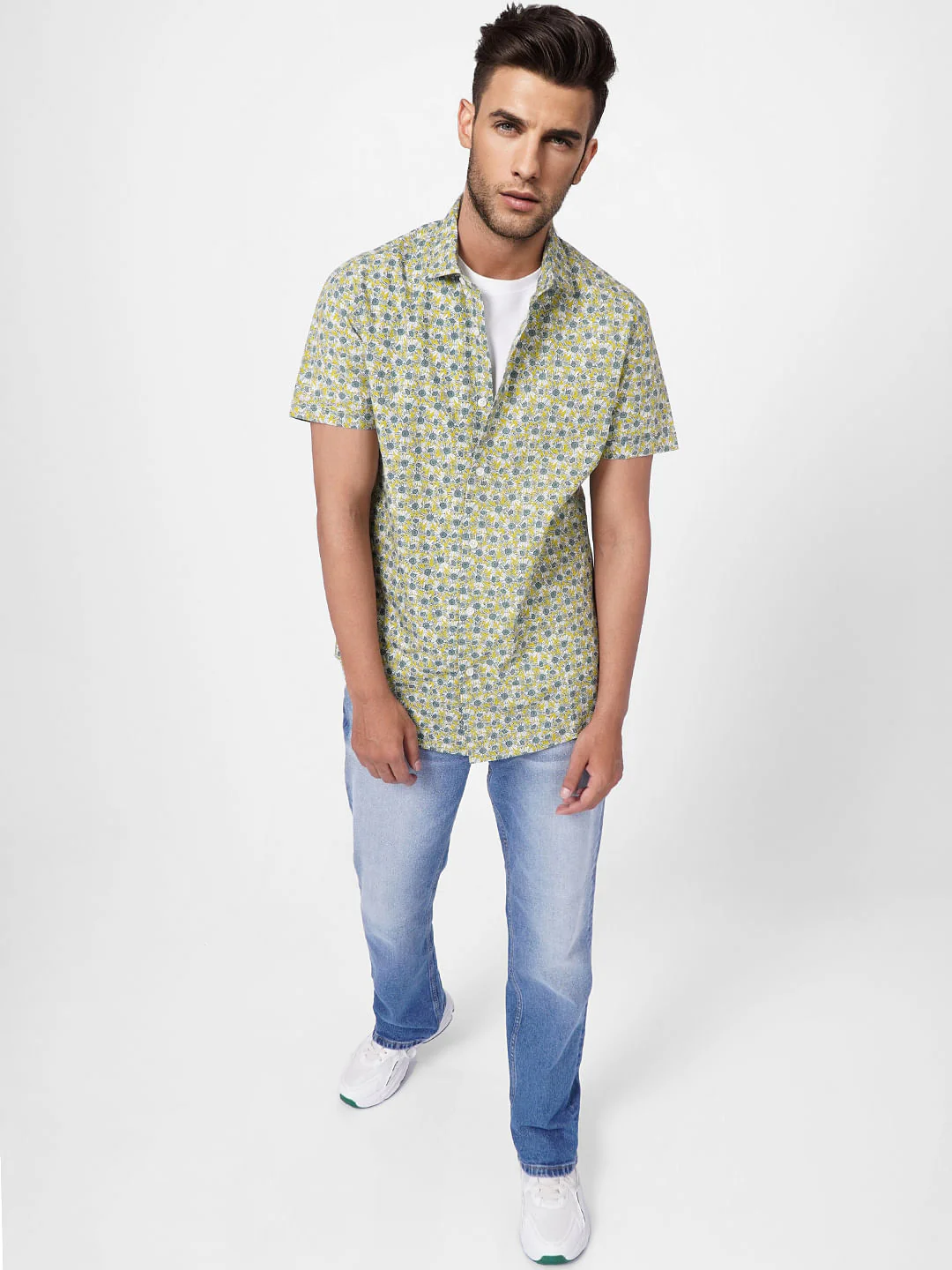 Green Floral Print Short Sleeves Shirt