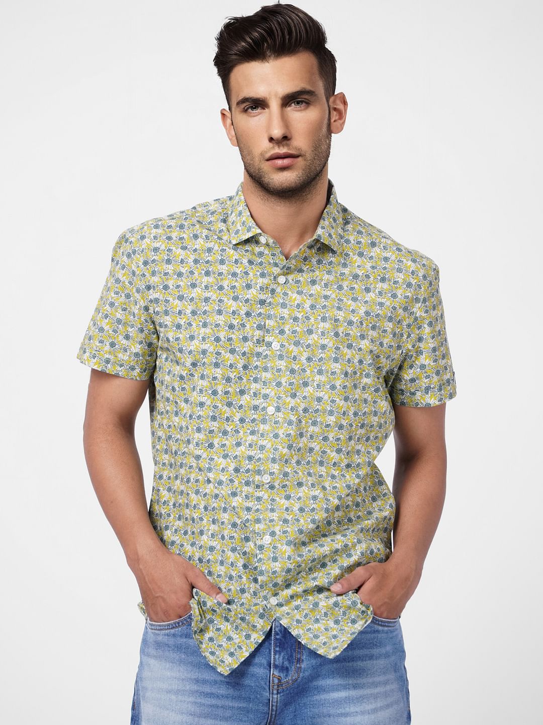 Green Floral Print Short Sleeves Shirt - Image 2