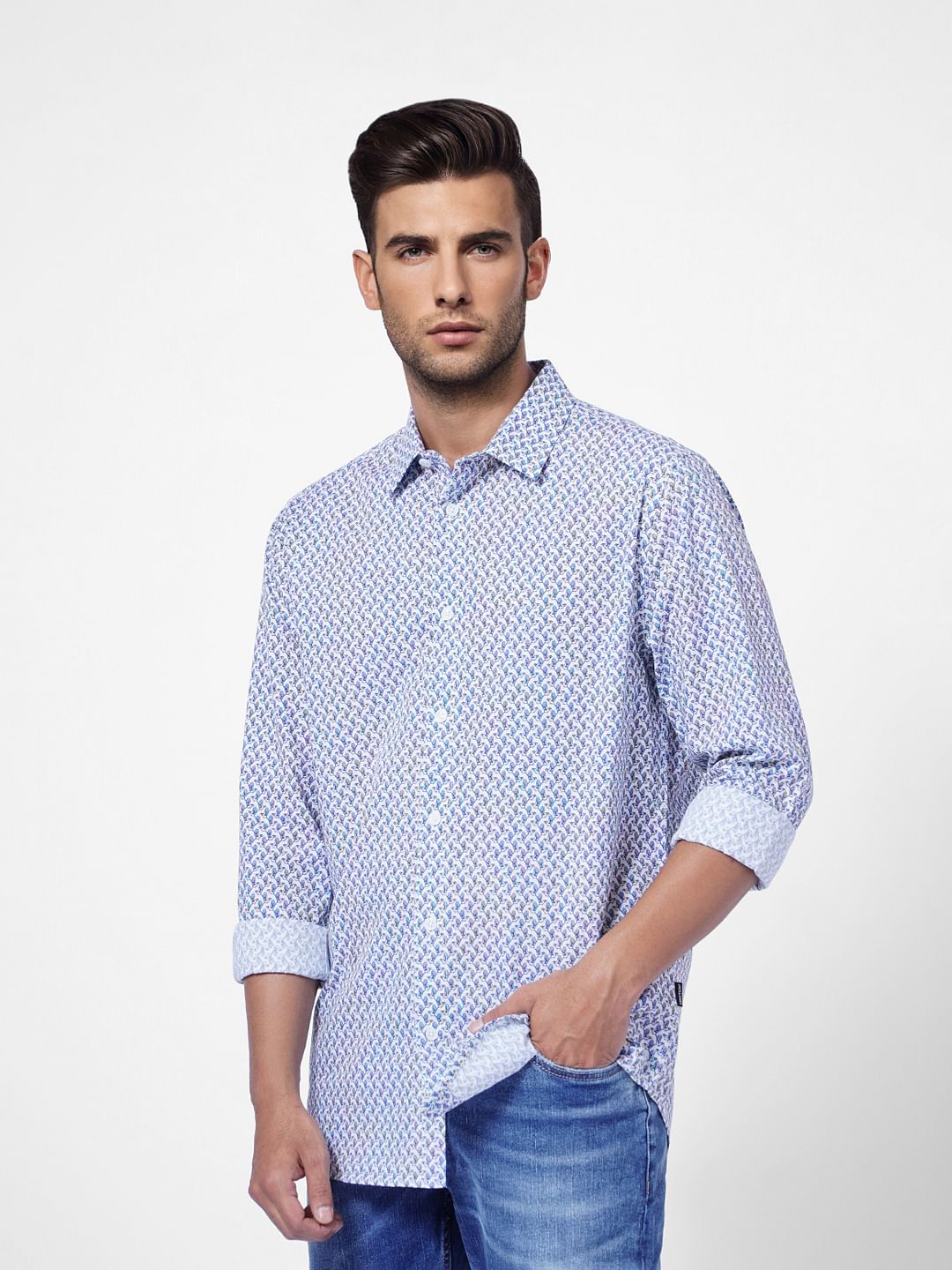 White & Blue Printed Full Sleeves Shirt - Image 3