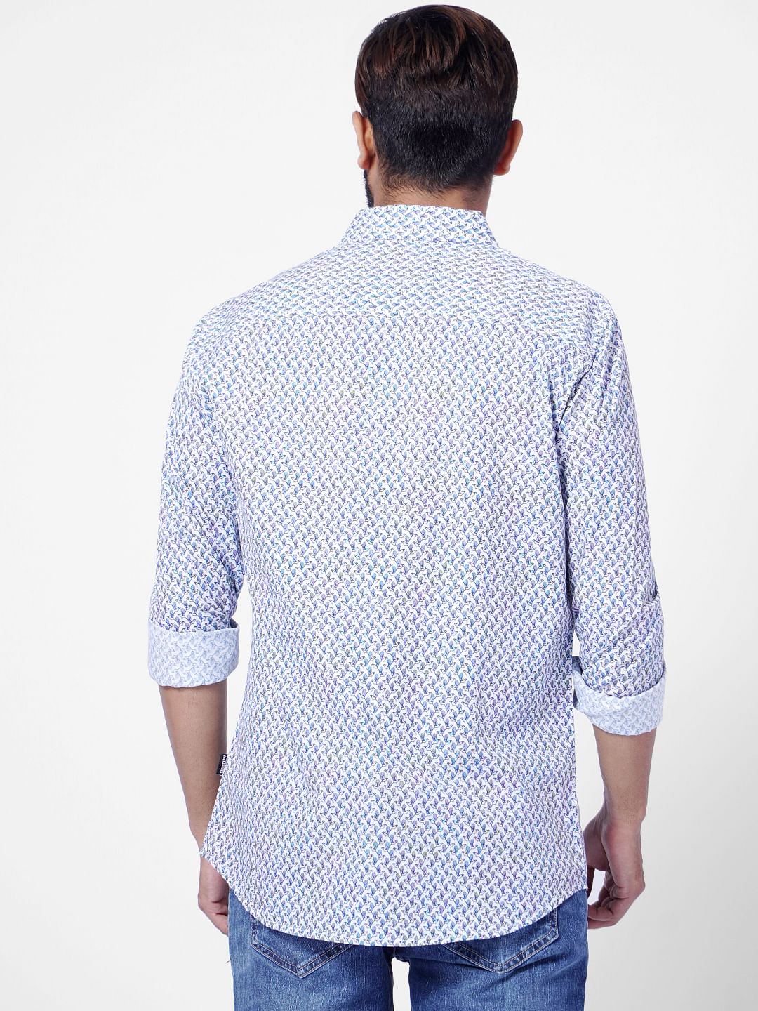 White & Blue Printed Full Sleeves Shirt - Image 4