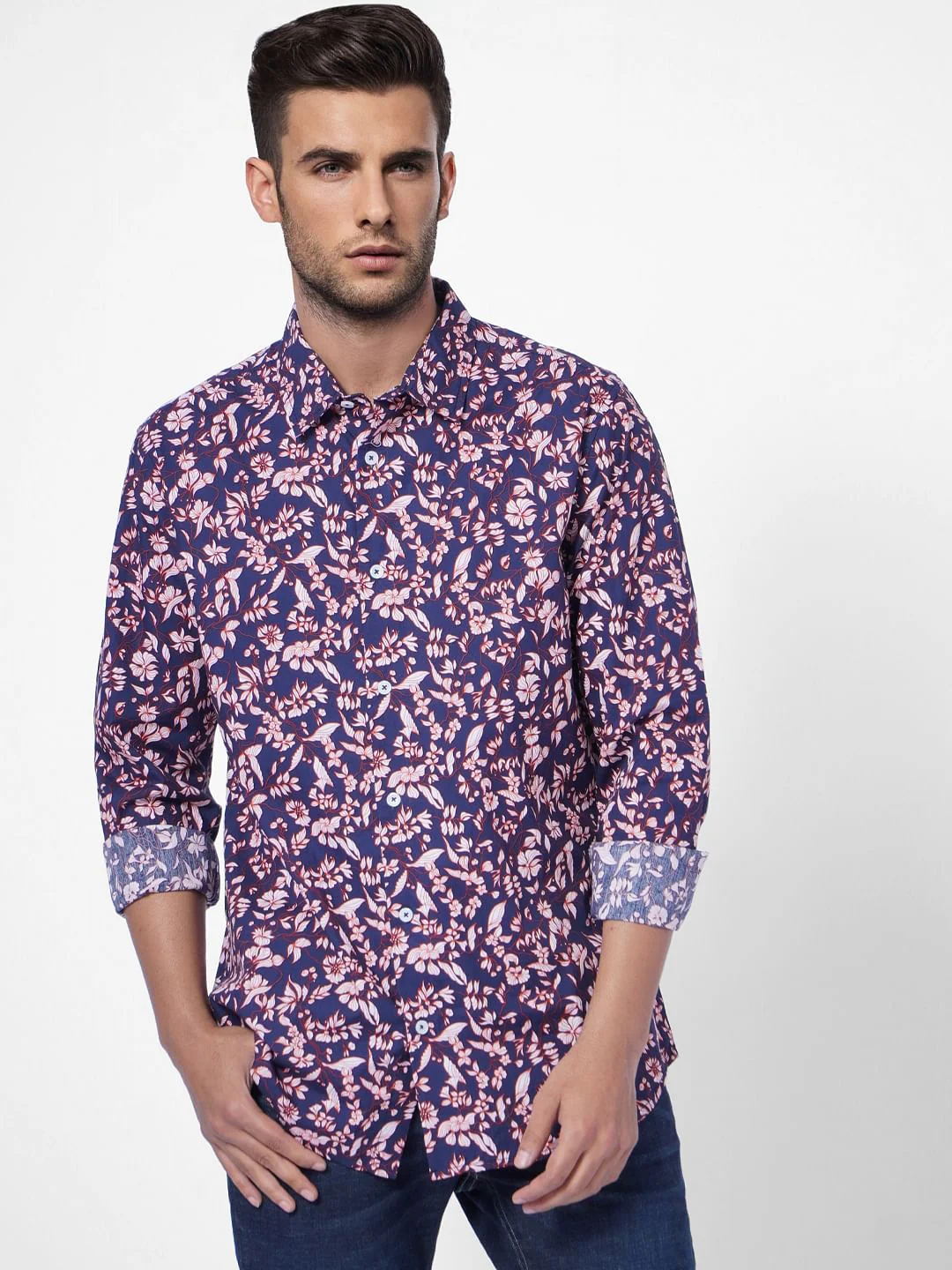 Navy Blue Floral Print Full Sleeves Shirt - Image 2