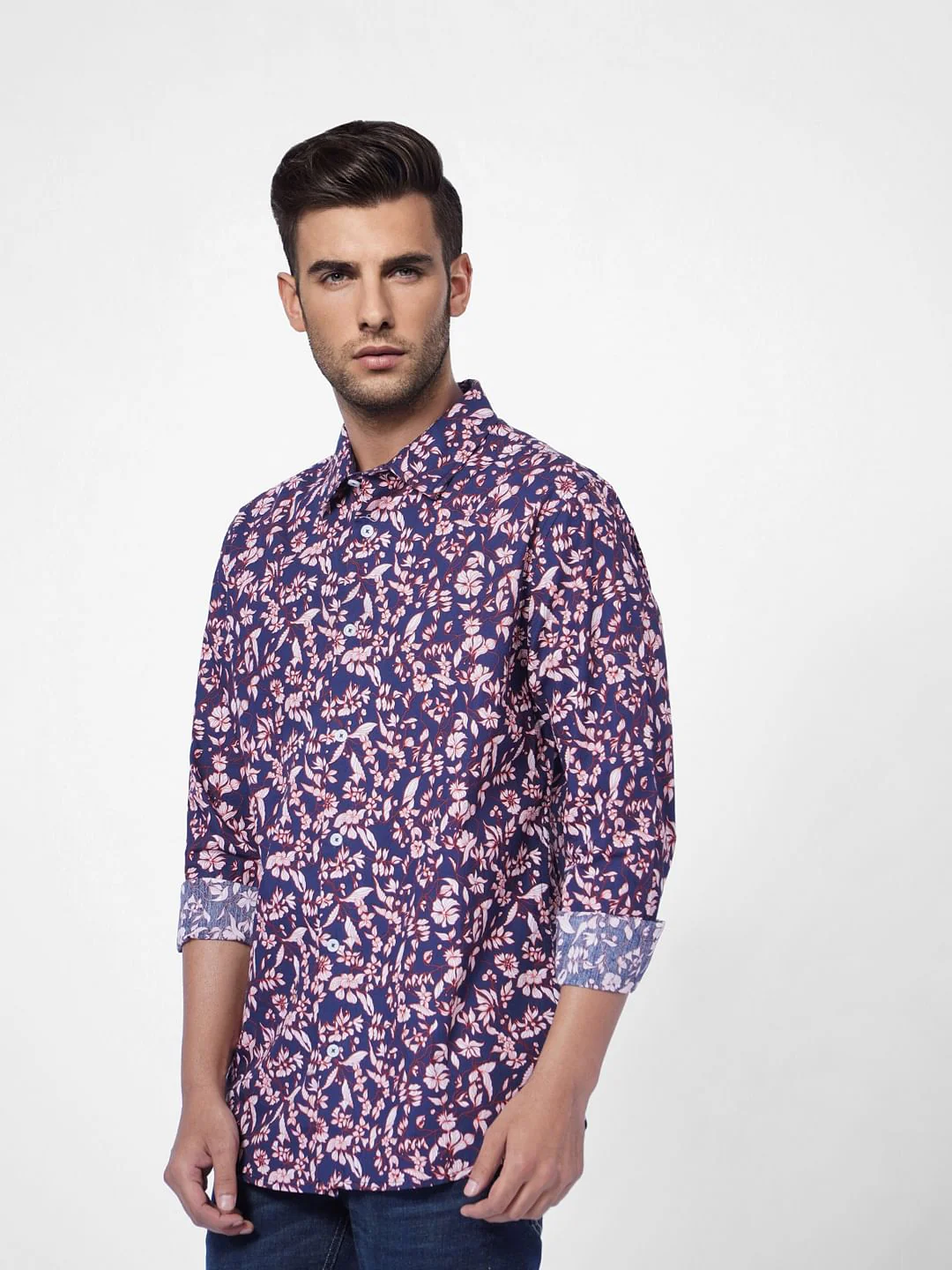 Navy Blue Floral Print Full Sleeves Shirt - Image 3