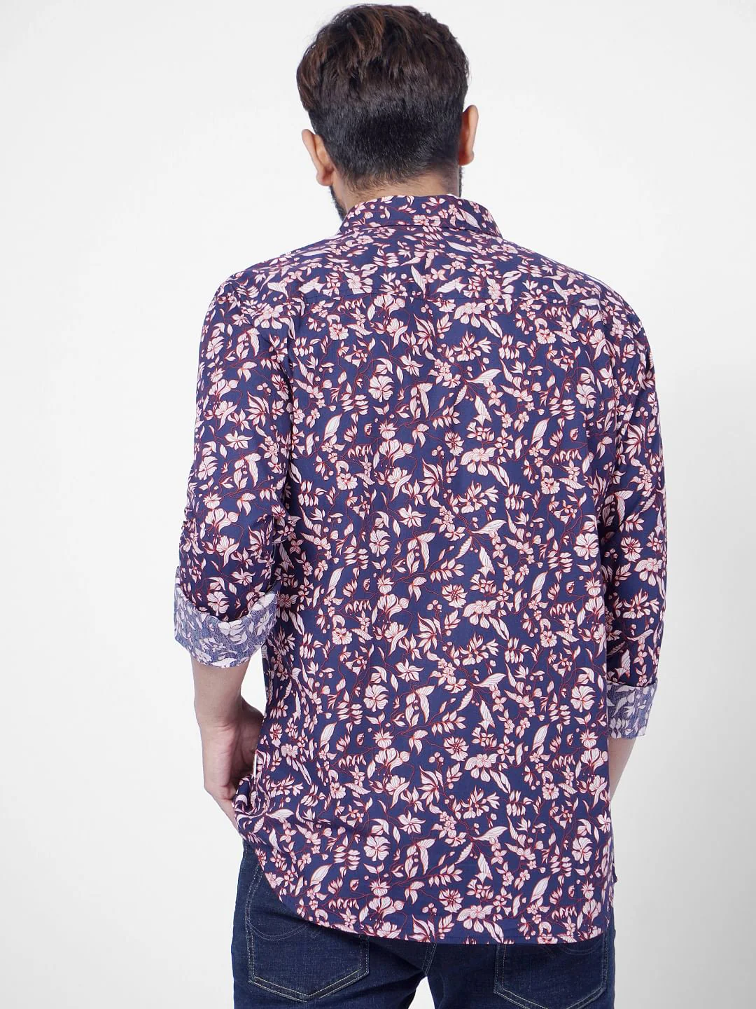 Navy Blue Floral Print Full Sleeves Shirt - Image 4