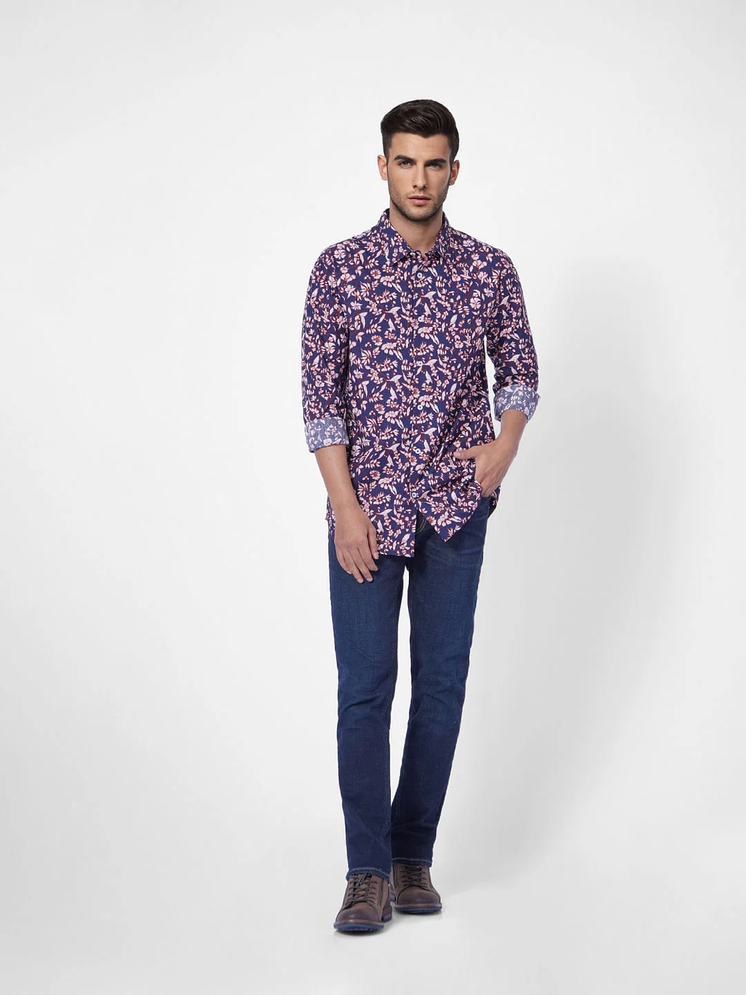 Navy Blue Floral Print Full Sleeves Shirt - Image 6