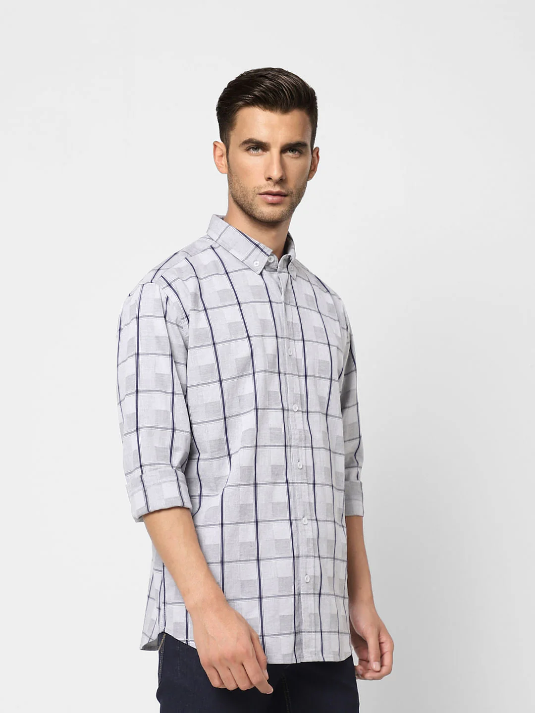 Grey Check Print Full Sleeves Shirt - Image 3