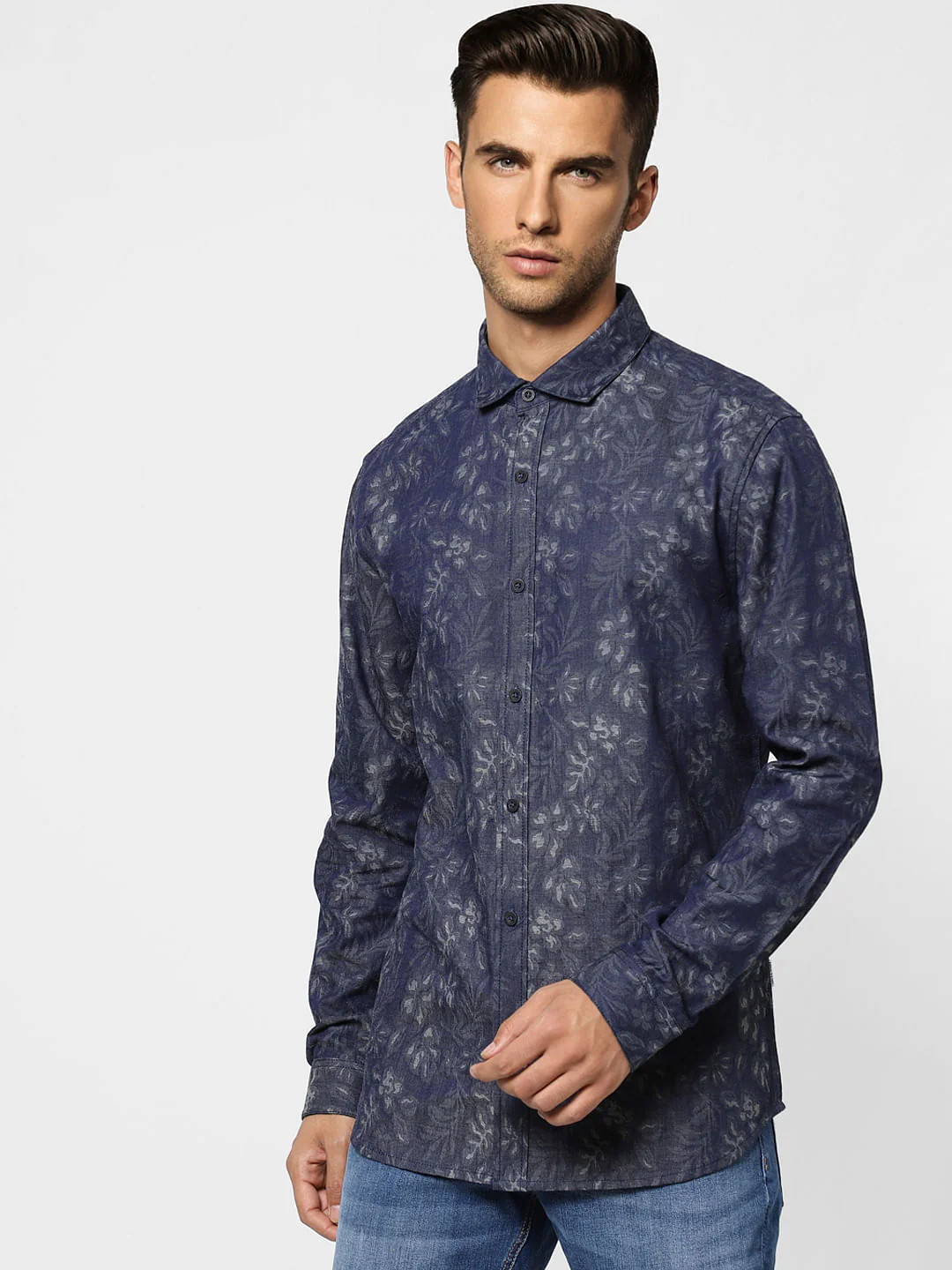 Blue Floral Denim Full Sleeves Shirt - Image 2