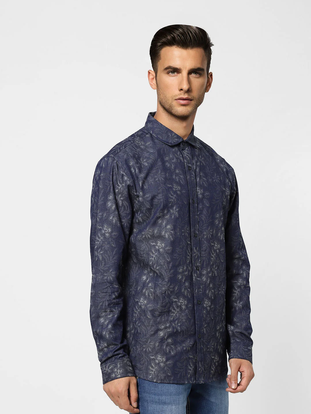 Blue Floral Denim Full Sleeves Shirt - Image 3