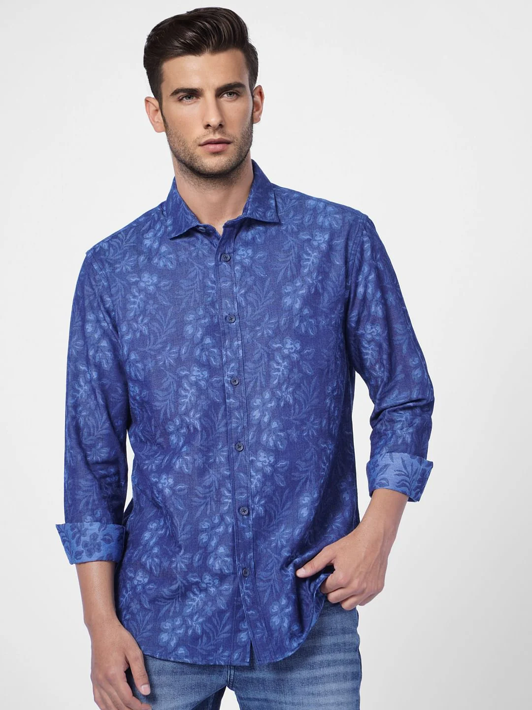 Light Blue Floral Denim Full Sleeves Shirt - Image 2