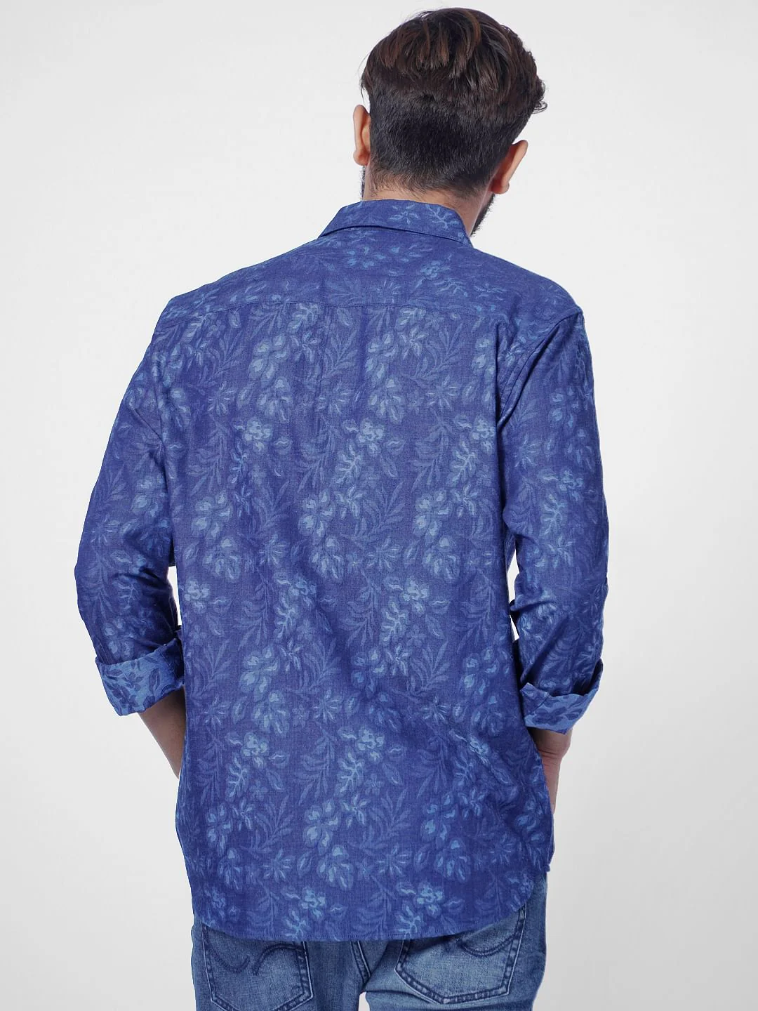 Light Blue Floral Denim Full Sleeves Shirt - Image 4