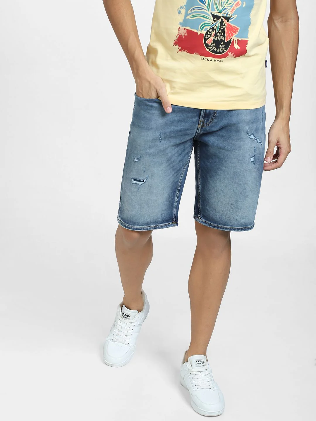 Light Blue Mid Rise Distressed Denim Shorts - Image 2
