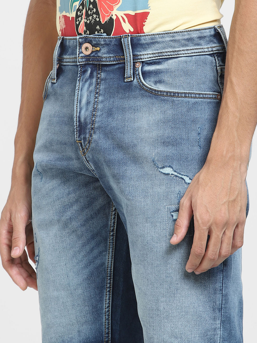 Light Blue Mid Rise Distressed Denim Shorts - Image 5