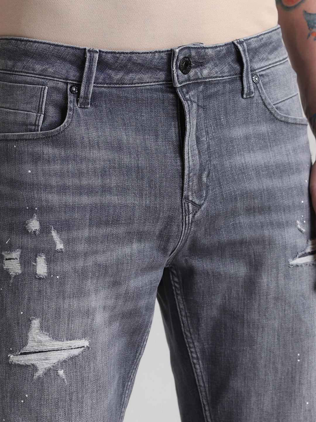 Grey Mid Rise Distressed Denim Shorts - Image 4