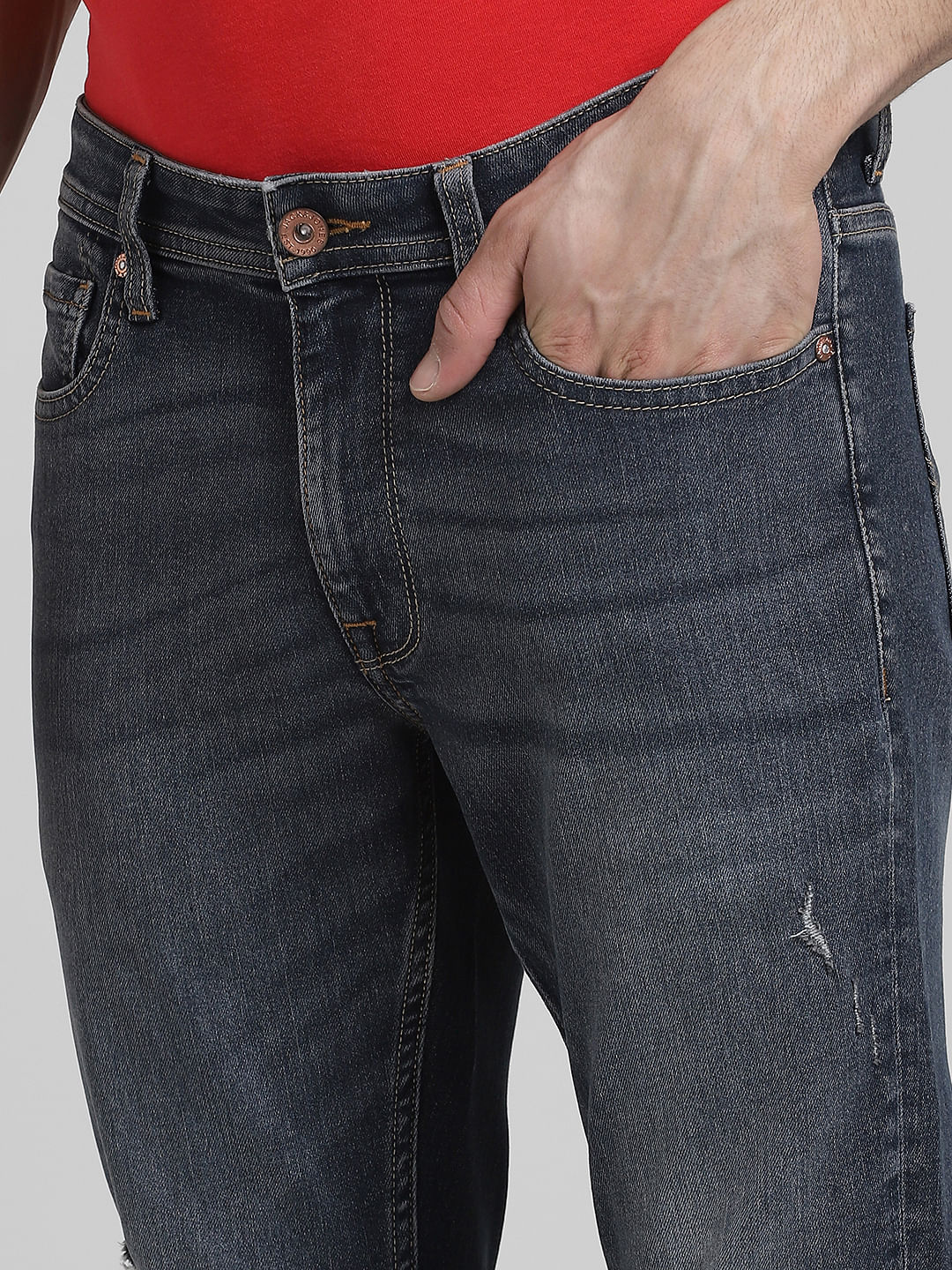 Dark Blue Mid Rise Distressed Glenn Slim Fit Jeans - Image 5