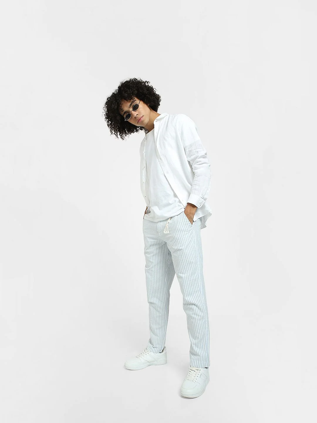 Blue Mid Rise Striped Pants