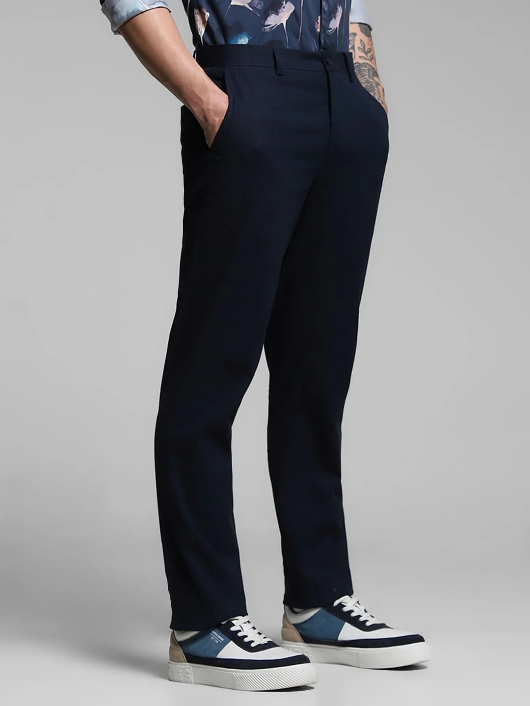 Dark Blue Slim Fit Linen Trousers - Image 2