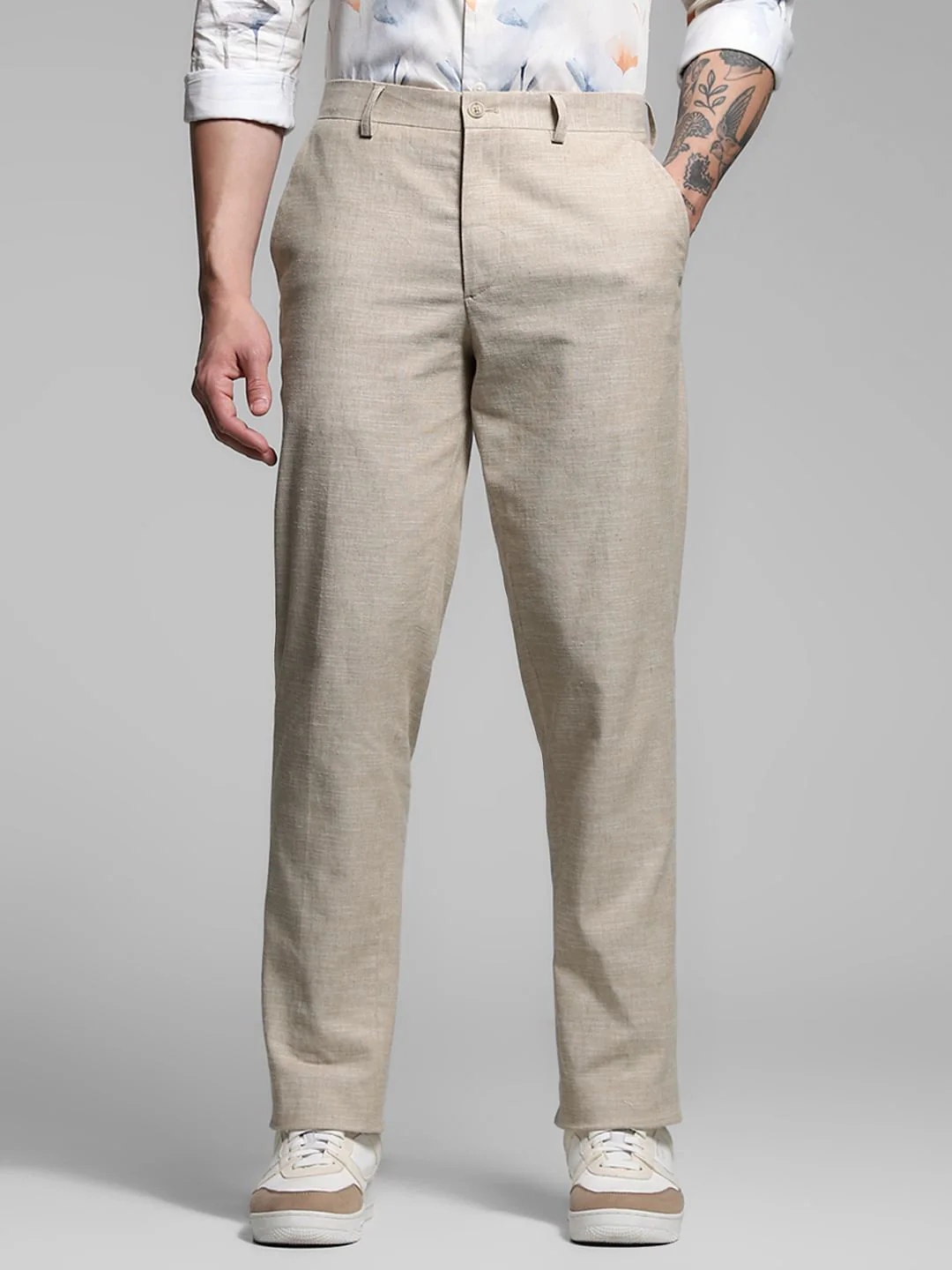 Beige Slim Fit Linen Trousers