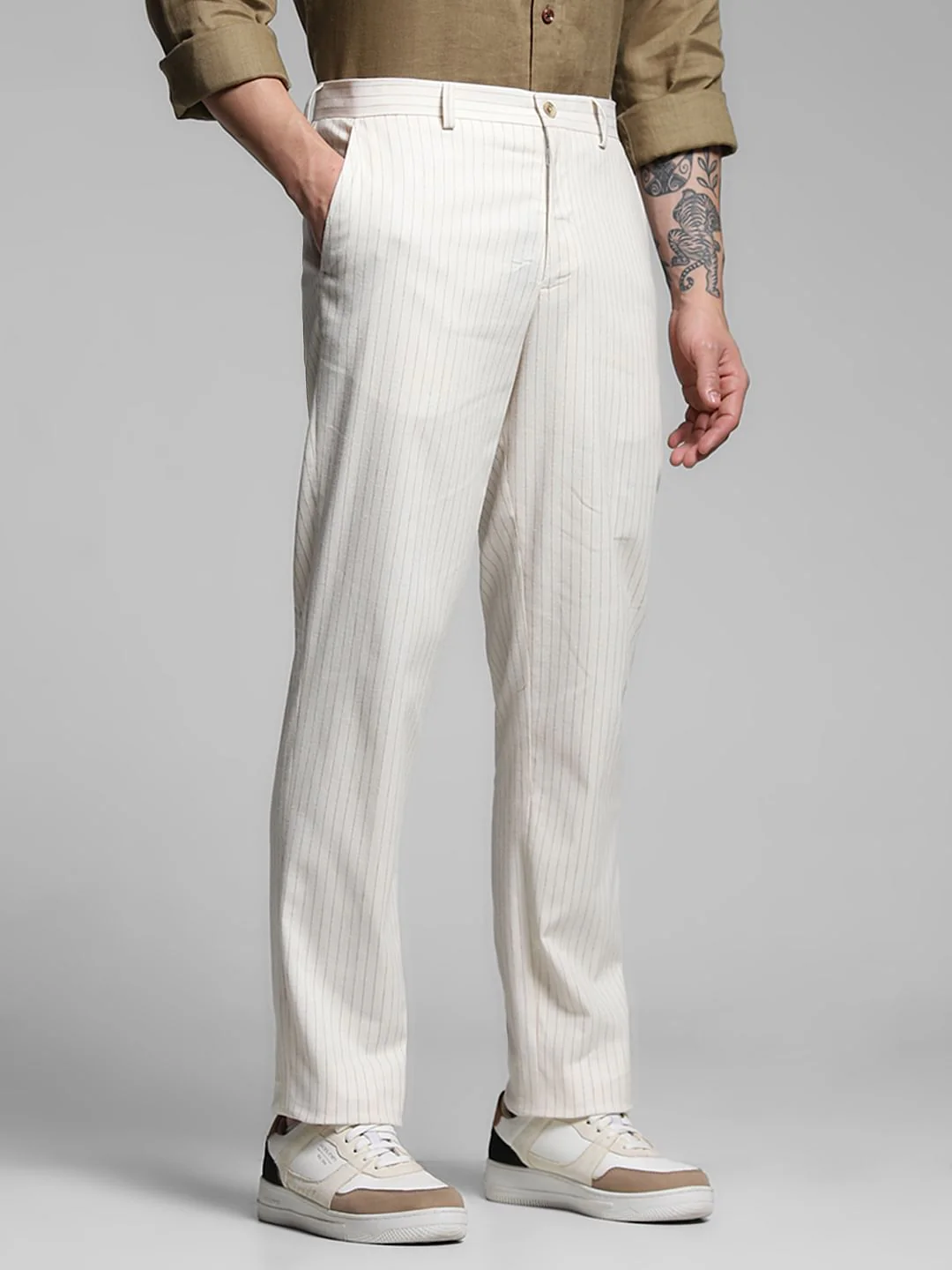White Striped Slim Fit Linen Trousers - Image 2