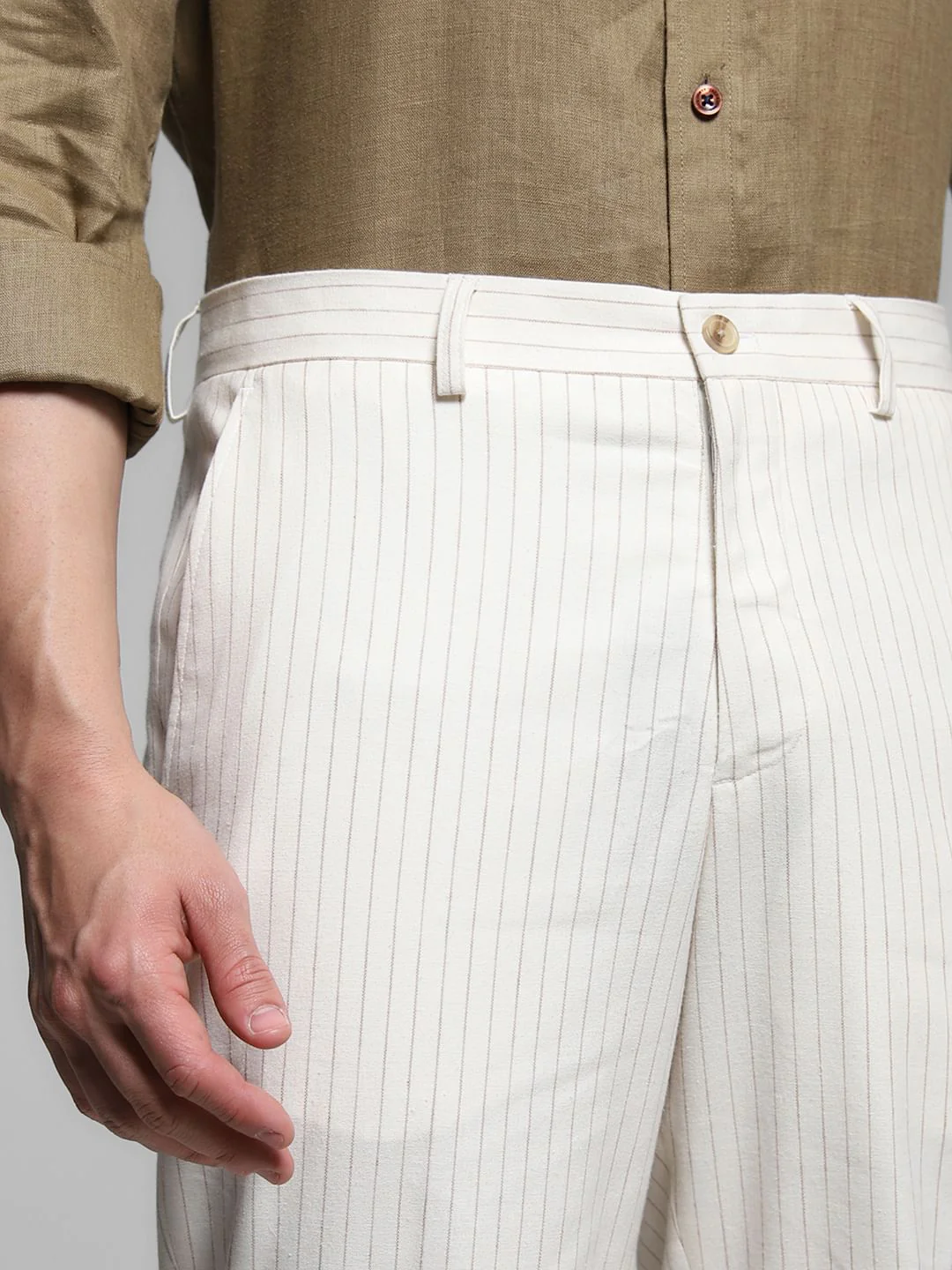White Striped Slim Fit Linen Trousers - Image 4