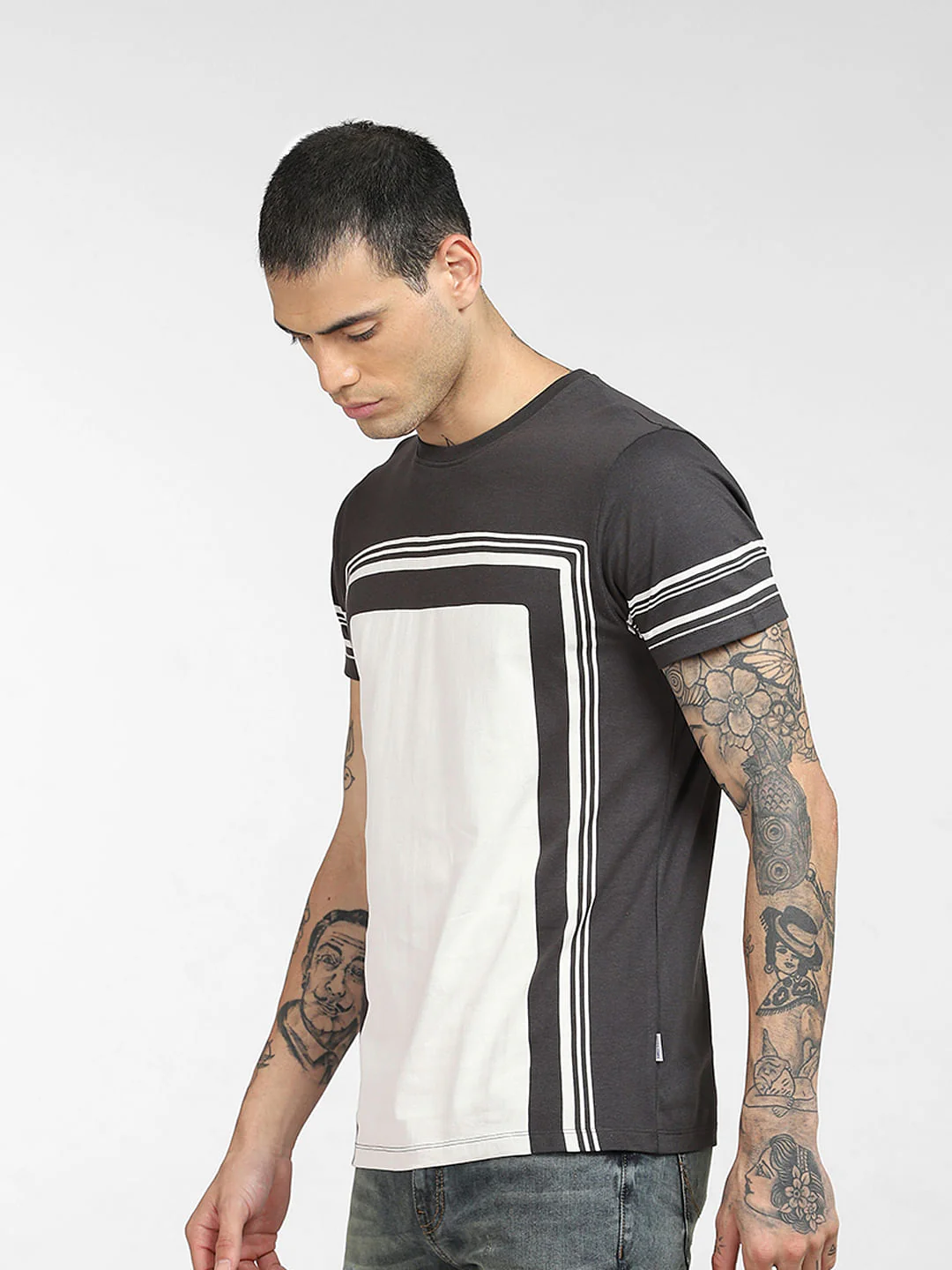 Grey Colourblocked Crew Neck T-shirt - Image 3