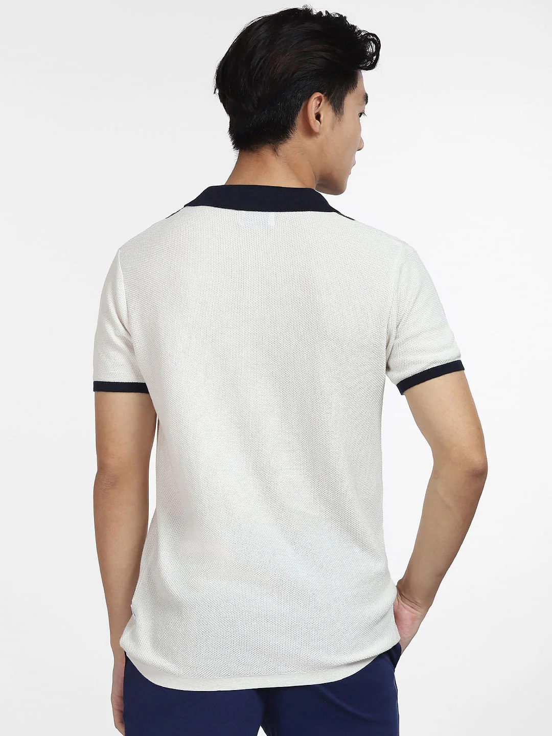 Navy Blue Knitted Colourblocked Polo T-shirt - Image 4