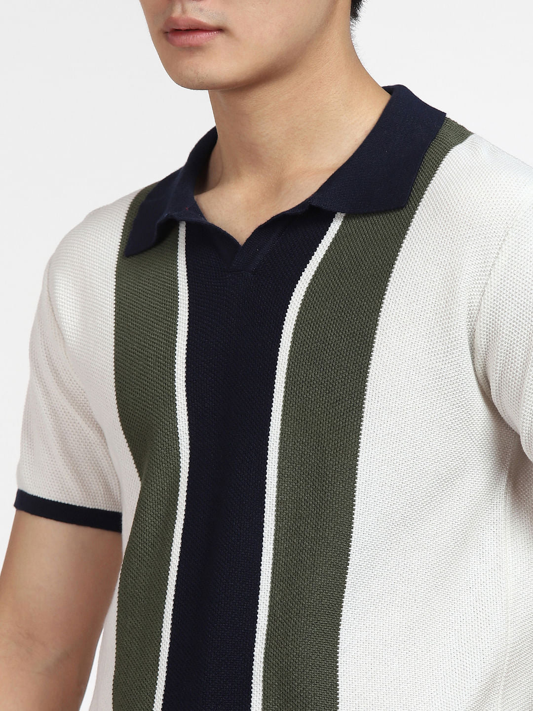 Navy Blue Knitted Colourblocked Polo T-shirt - Image 5