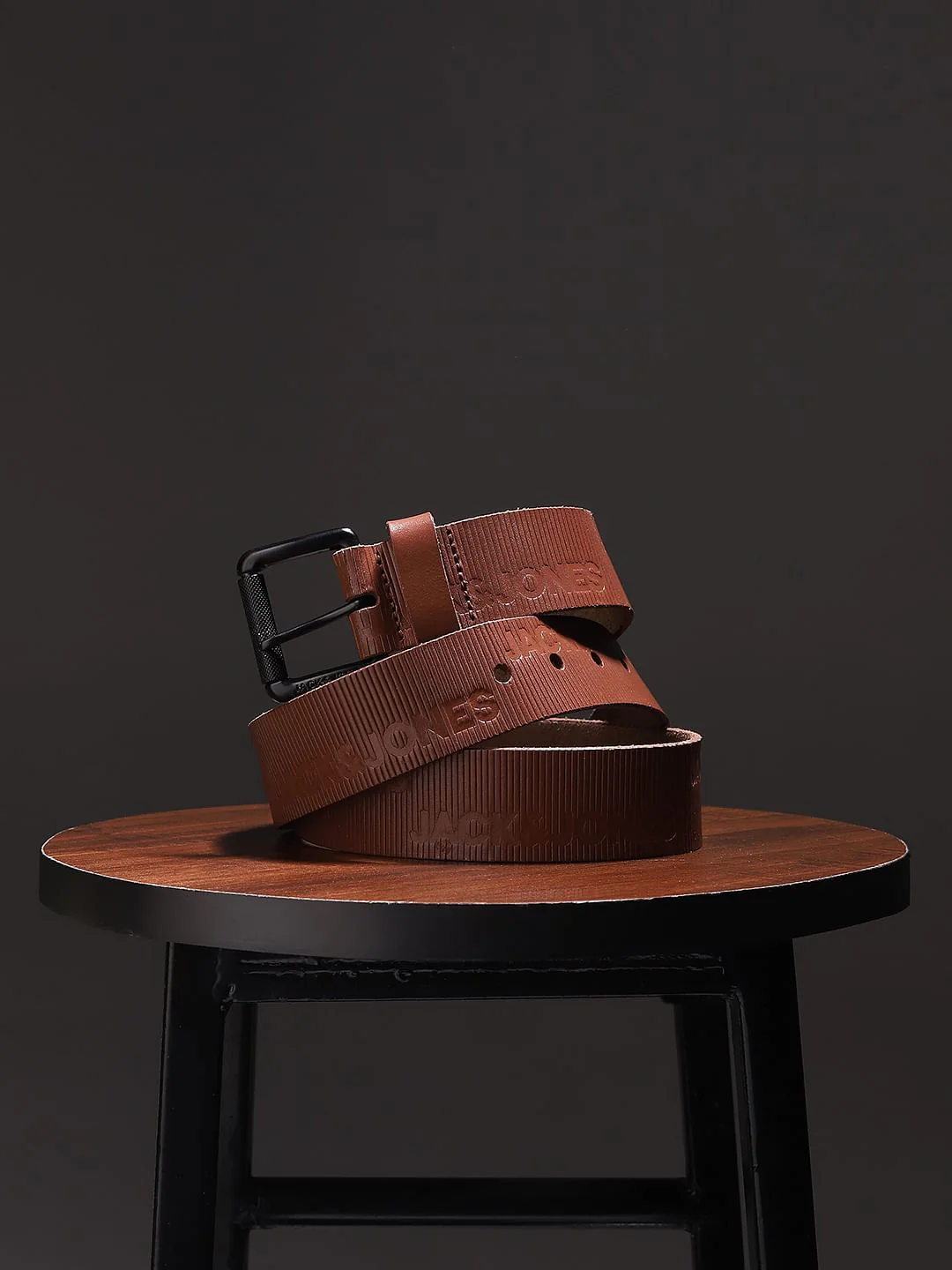 Brown Textured Logo Leather Belt