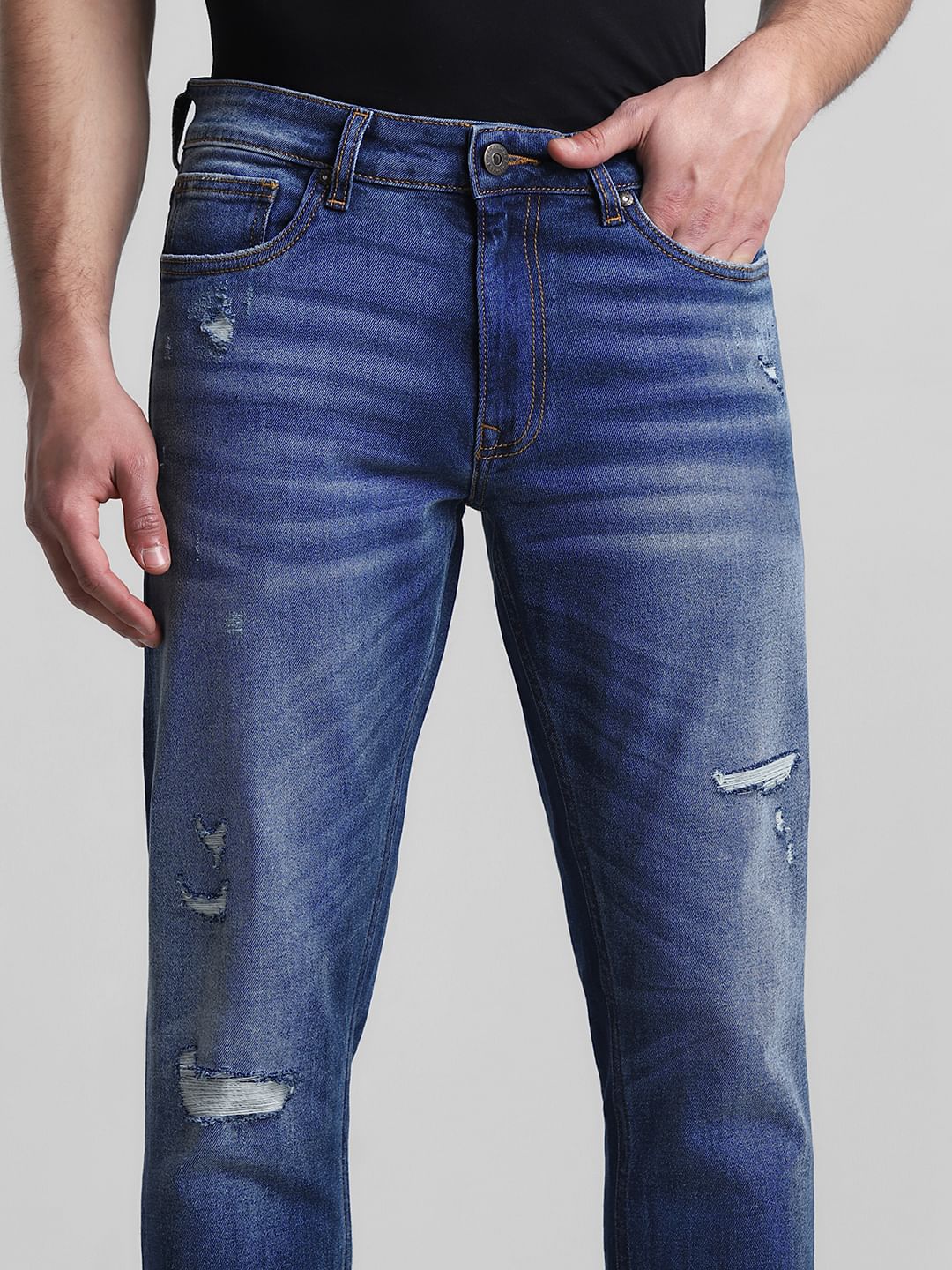 Blue Low Rise Distressed Tim Anti Fit Jeans - Image 4