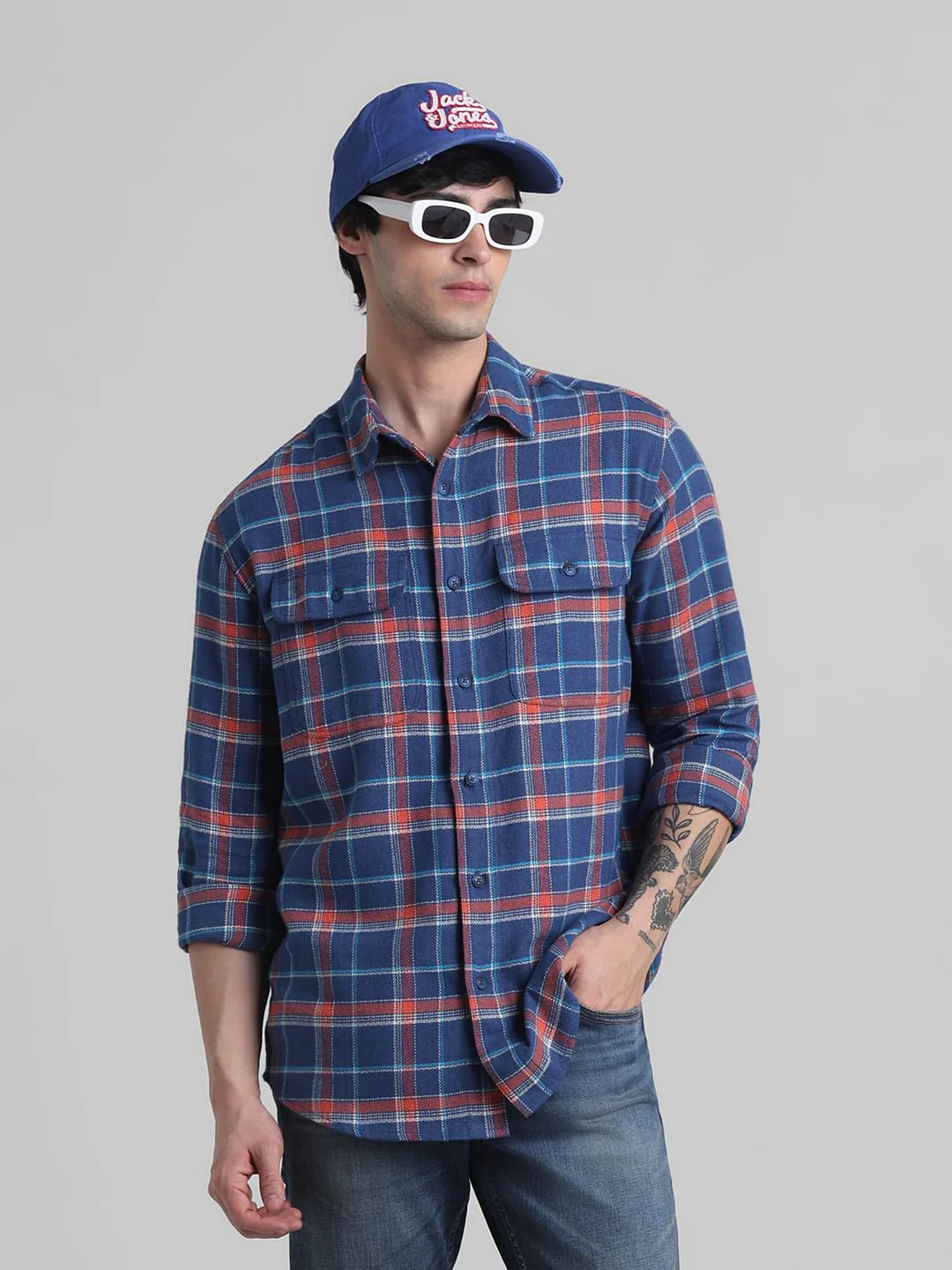Dark Blue Check Cotton Shirt