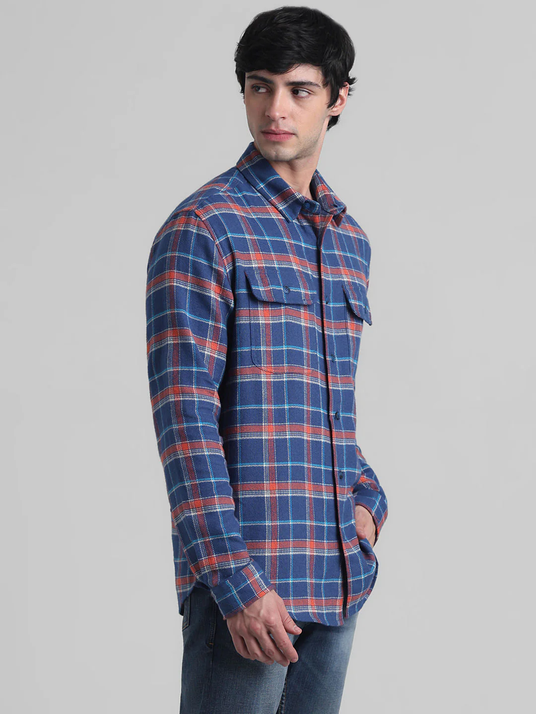 Dark Blue Check Cotton Shirt - Image 3
