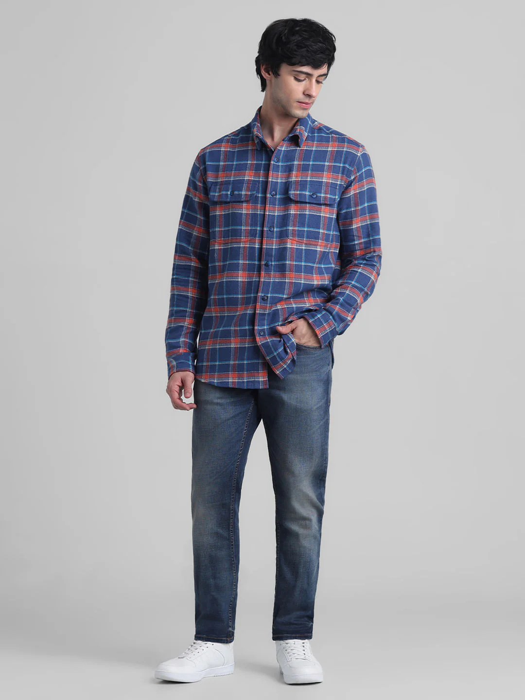 Dark Blue Check Cotton Shirt - Image 6