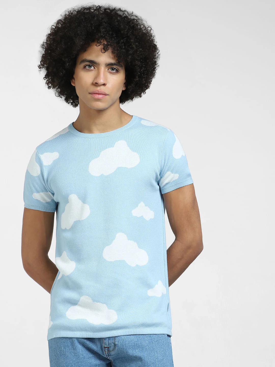 Light Blue Cloud Print Knit T-shirt - Image 2