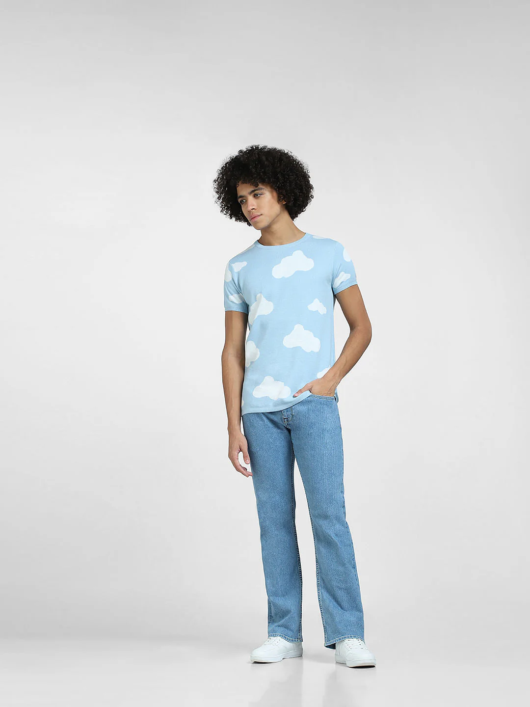 Light Blue Cloud Print Knit T-shirt - Image 6