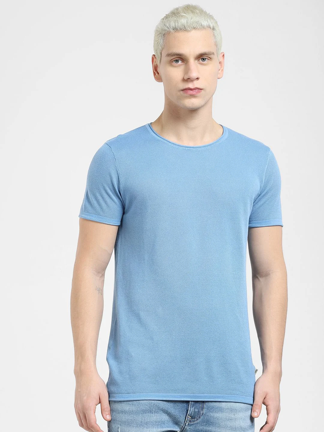 Blue Knit Crew Neck T-shirt - Image 2