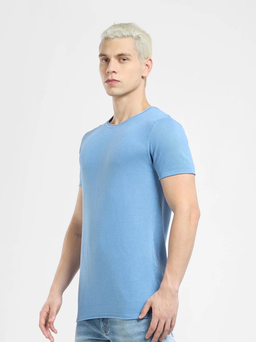 Blue Knit Crew Neck T-shirt - Image 3