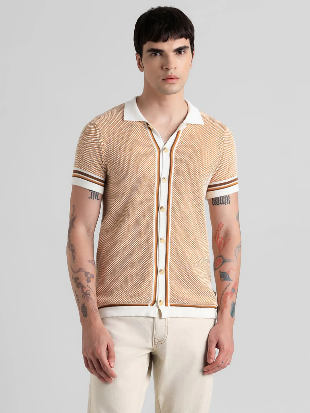 Yellow Knit Front Open Polo T-shirt - Image 2