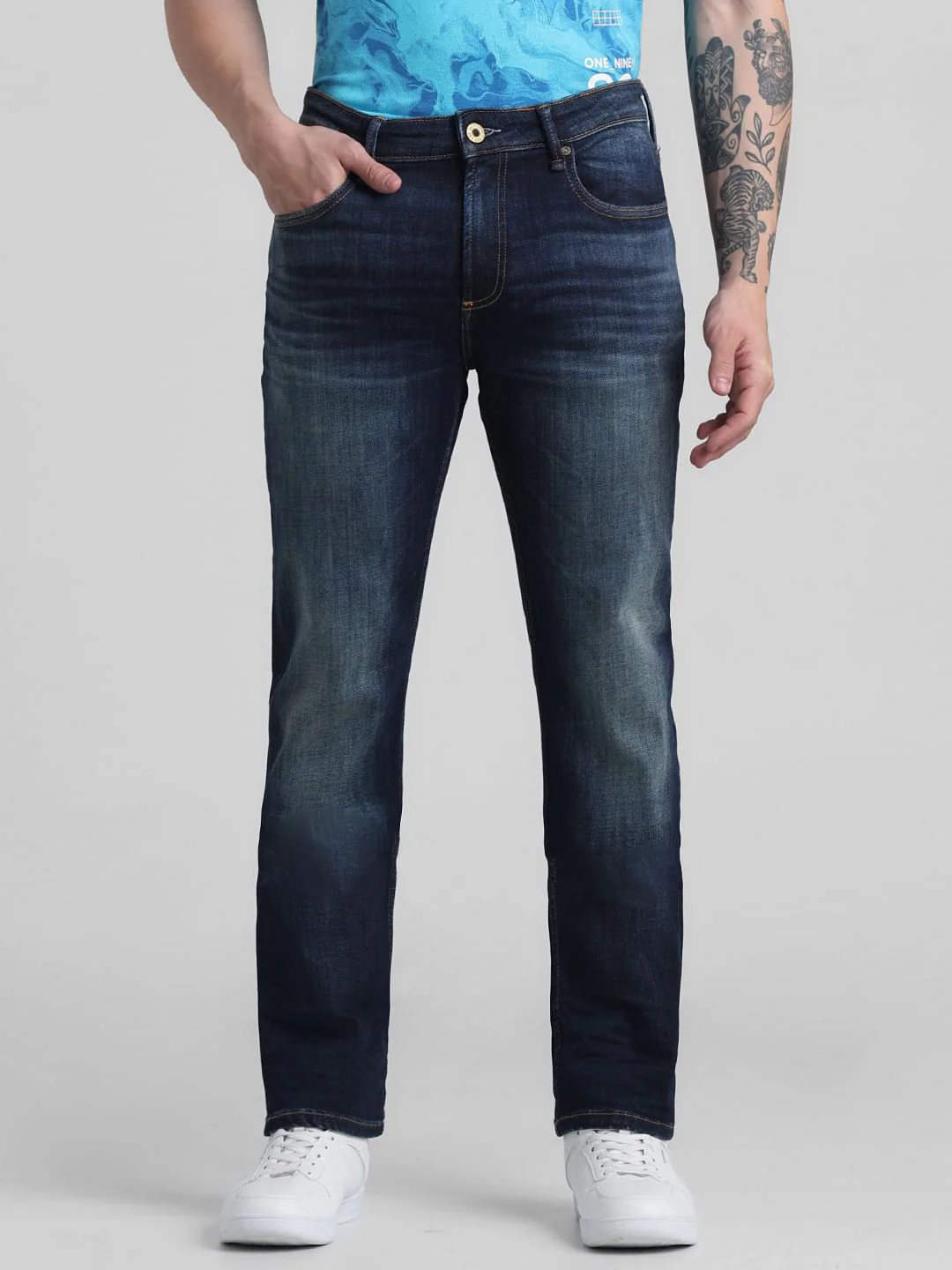 Dark Blue Mid Rise Washed Clark Regular Fit Jeans