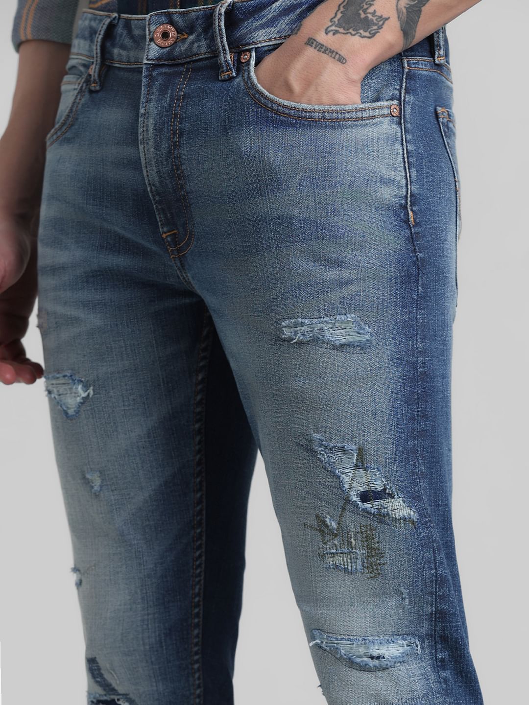 Dark Blue Low Rise Distressed Ben Skinny Jeans - Image 4