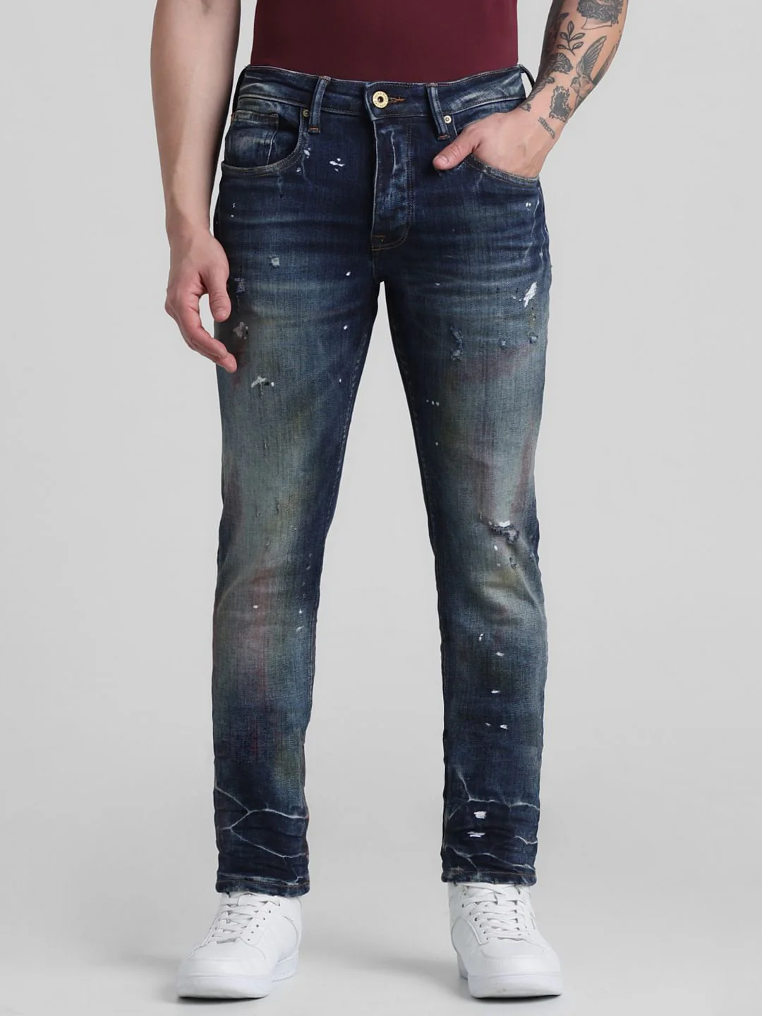 Dark Blue Low Rise Distressed Glenn Slim Fit Jeans