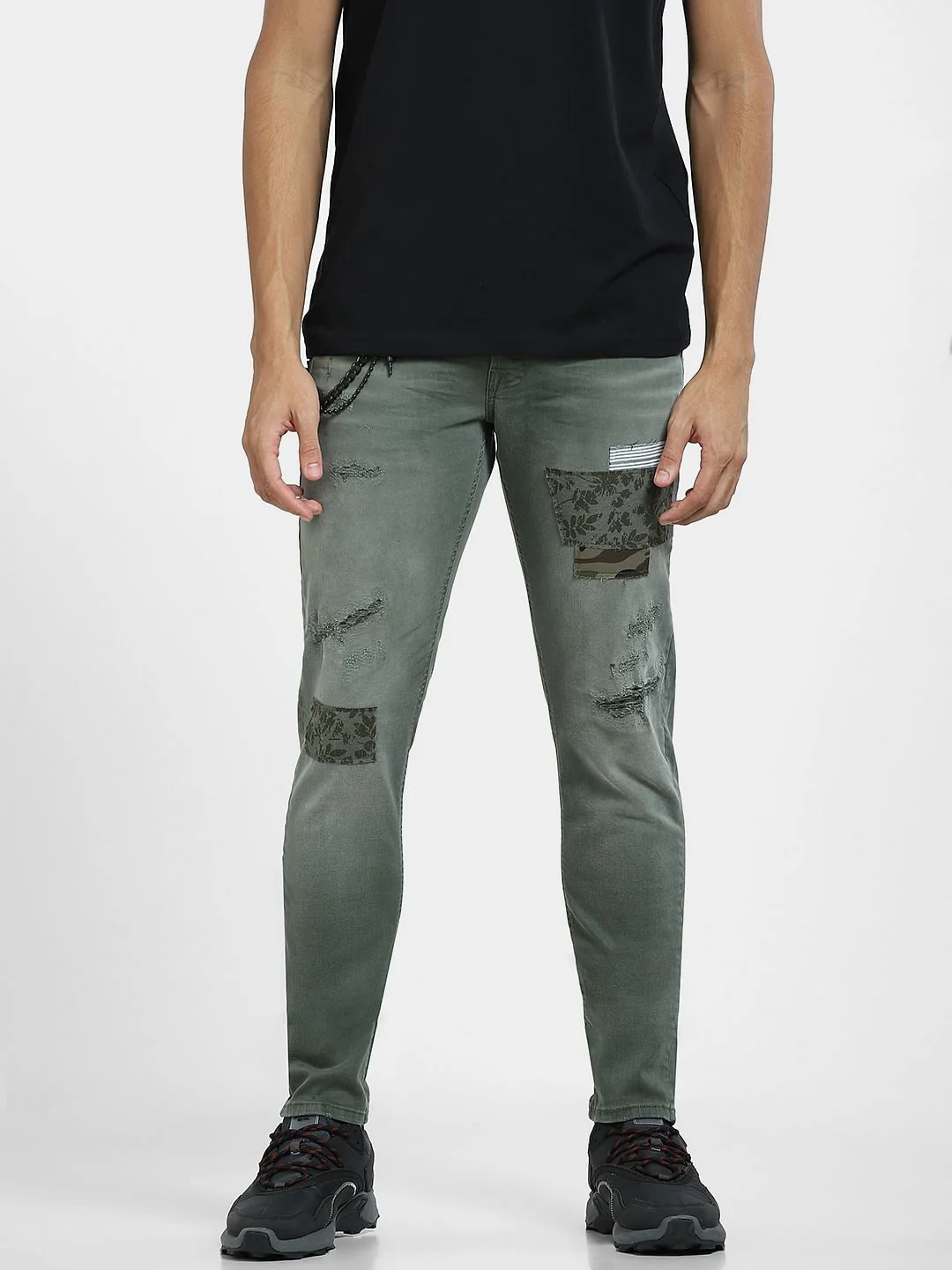 Green Low Rise Patch Work Slim Fit Jeans - Image 2