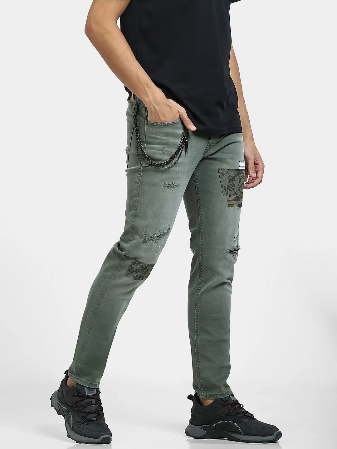 Green Low Rise Patch Work Slim Fit Jeans - Image 3