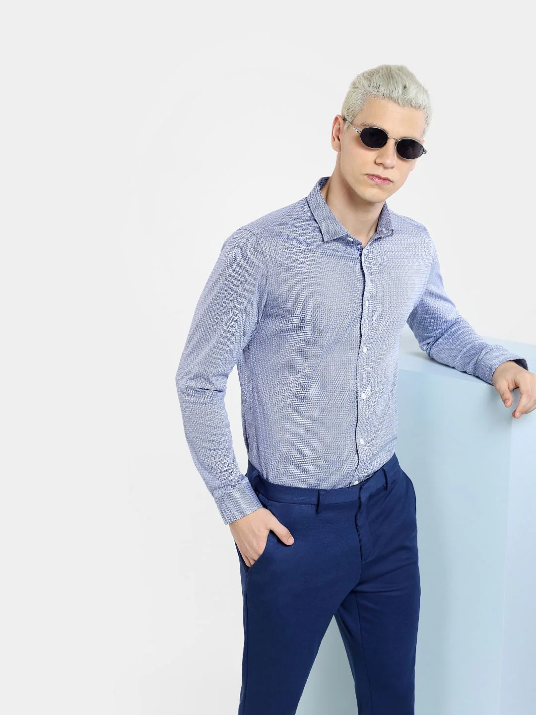 Blue Printed Knit Full Sleeves Shirt