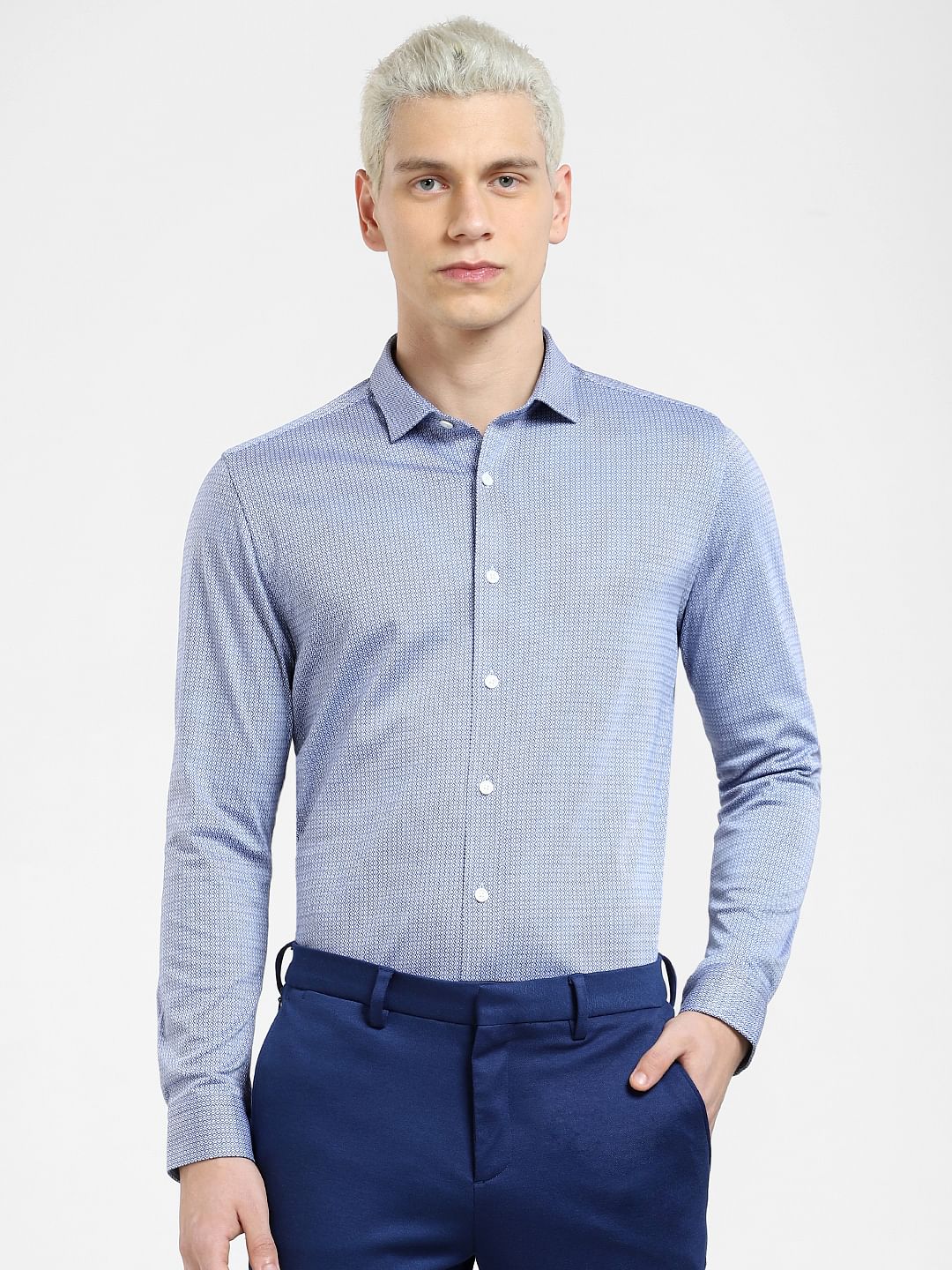 Blue Printed Knit Full Sleeves Shirt - Image 2